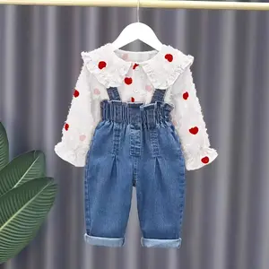 Girls' Spring/Autumn New Heart Collar Shirt & Overalls Two-Piece Set Cute & Sweet Outfit for Toddler Girls