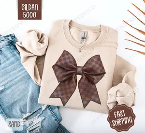 Checkered Coquette Bow Sweatshirt, Bow Crewneck, Cute Women's Sweater