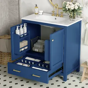30" Blue Bathroom Vanity with Single Sink, Combo Cabinet Undermount Sink, Bathroom Storage Cabinet with 2 Doors and a Drawer, Soft Closing, Multifunctional Storage, Solid Wood Frame   WL RR
