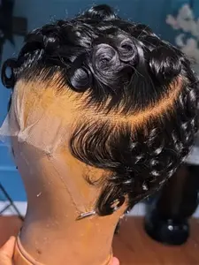 13x4 Lace Front Human Hair Wig for Women Short Layered Pixie Cut Naturalr 150% Density Curly Wavy Hair