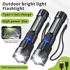 Ultra Bright High-power Tactical Light 1pack/2pack Telescopic Type-C Charging Emergency Remote Waterproof Aluminum & ABS Body LED Flashlight