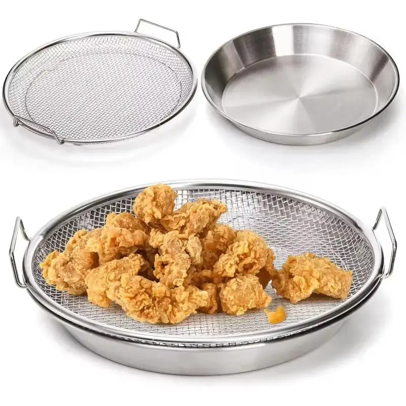 Stainless Steel Heavy-Duty Kitchenware Mesh Strainer - Foldable Round Metal Basket with Oil-Draining Plate, Oil-Resistant, Dishwasher-Compatible for Washing Vegetables, Barbecue Use, Utensils