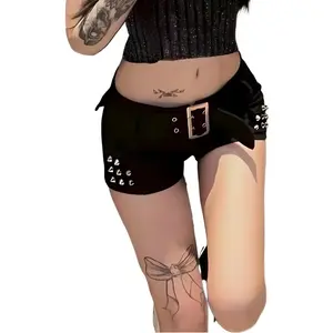 Black Low Waist Sexy Denim Shorts for Women, Summer Studded Stretch Shorts, Tight Hip Lifting Jeans #DenimShorts #LowWaistShorts #HipLiftingJeans #StuddedShorts #SummerShorts #2026SummerTrends