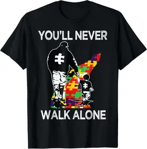Autism Dad Support Knit Garment - Soft Round Neck Short-Sleeve Cotton Sports Top, Stylish "You'll Never Walk Alone" Puzzle Graphic, Summer Casual Wear