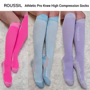ROUSSIL Athletic Pro Knee High Compression Socks for Women & Men - Strong Support, Breathable Moisture Wicking, 3 Pairs (Happy Pink / Icy Blue / Taro Purple)