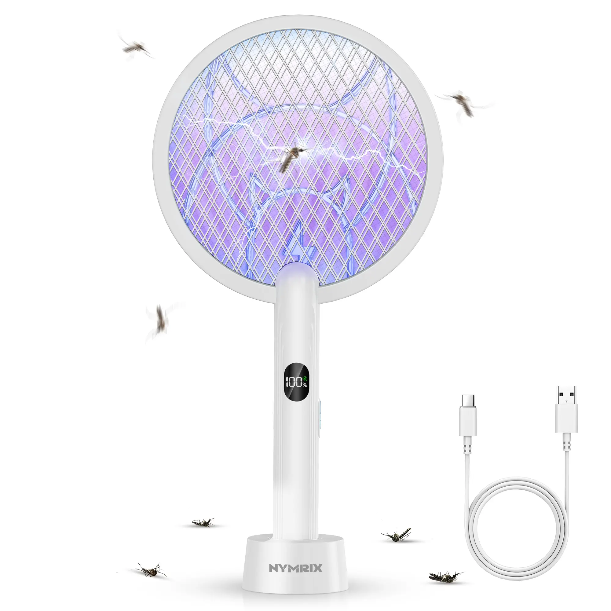 4100V Electric Fly Swatter 1800mAh USB Rechargeable Bug Zapper Racket with Purple Light, Safe Indoor Pest Control & Kitchen Gift