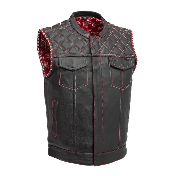 Trailhide Men's Full-Grain Diamond Naked Cowhide Motorcycle Vest - Club Style Biker Protective Gear for Long Rides, Reinforced Seams