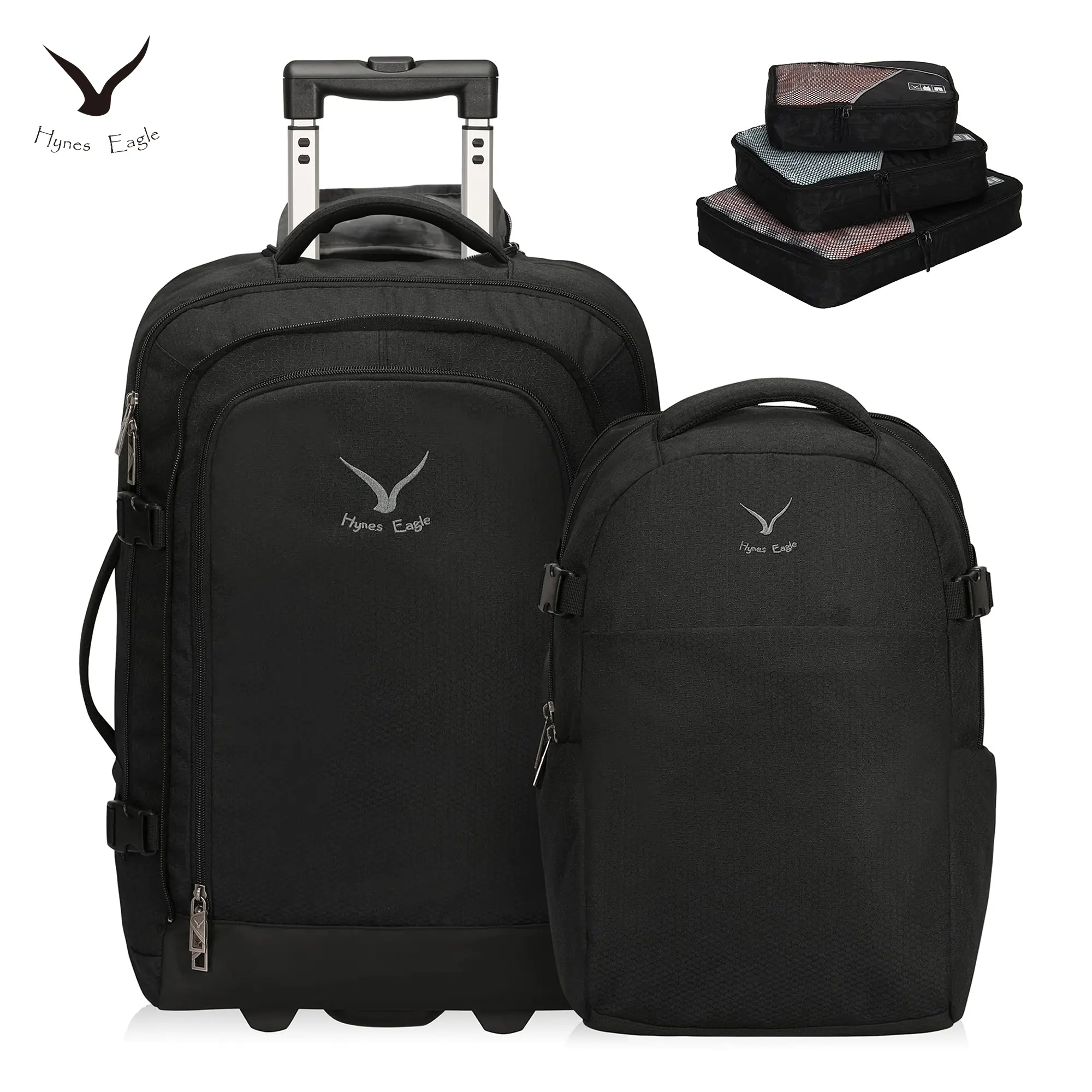 HYNES EAGLE 63L 3-in-1 Rolling Travel Backpack for Adults, Water-Repellent Polyester Luggage with Detachable Daypack, USB Port & 3 Packing Cubes Set, Backpack Combo