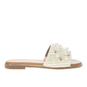 Corkys Womens Gimme Kiss Pearl Rhinestone Flat Slide Casual Sandals Casual - White