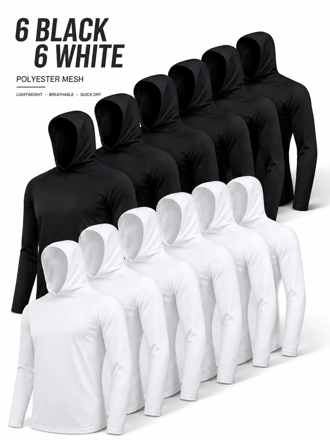 Men's Minimalist Hooded Shirts - 6 Black + 6 White, Lightweight Honeycomb Polyester Mesh Long Sleeve, Stretch, Sun-Protective, Breathable, Quick Dry Workwear for Construction Workers, Athletic & Casual Use, S-3XL Menswear
