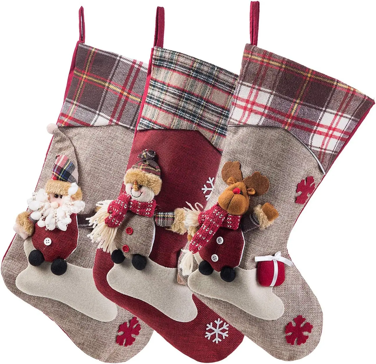3PCS 17.5" Christmas Stocking Classic Vintage Large Stockings | Large Christmas Stockings Santa, Snowman, Reindeer Xmas Character for Family Holiday Christmas Decorations