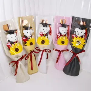 Graduation Bouquet Gift – Bear in Graduation Cap with Realistic Sunflowers, Gold Heart Wrapping Paper, Perfect for Friends, Classmates, Girlfriend, Graduation Season Parties, Party Gift