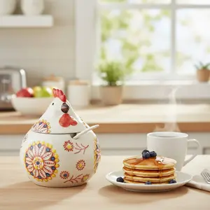 Cute ceramic seasoning storage jar for chicks, hand-painted container with lid and spoon, a sealed and moisture-proof kitchen jar, creative home decoration gift home essentials