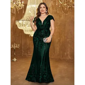 Plus Size Deep V Neck Backless Sequin Party Dress, Elegant Cap Sleeve Evening Gown, Random Cut Design, Perfect for Special Occasions