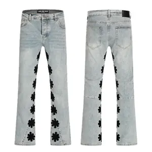 Unisex Flare Jeans Vintage Washed Denim Pants w/ Flower Cutout Embroidery| Y2K Neo-Goth Streetwear Trousers| Edgy Hip Hop Bottoms for Men Women Festival Summer OOTD