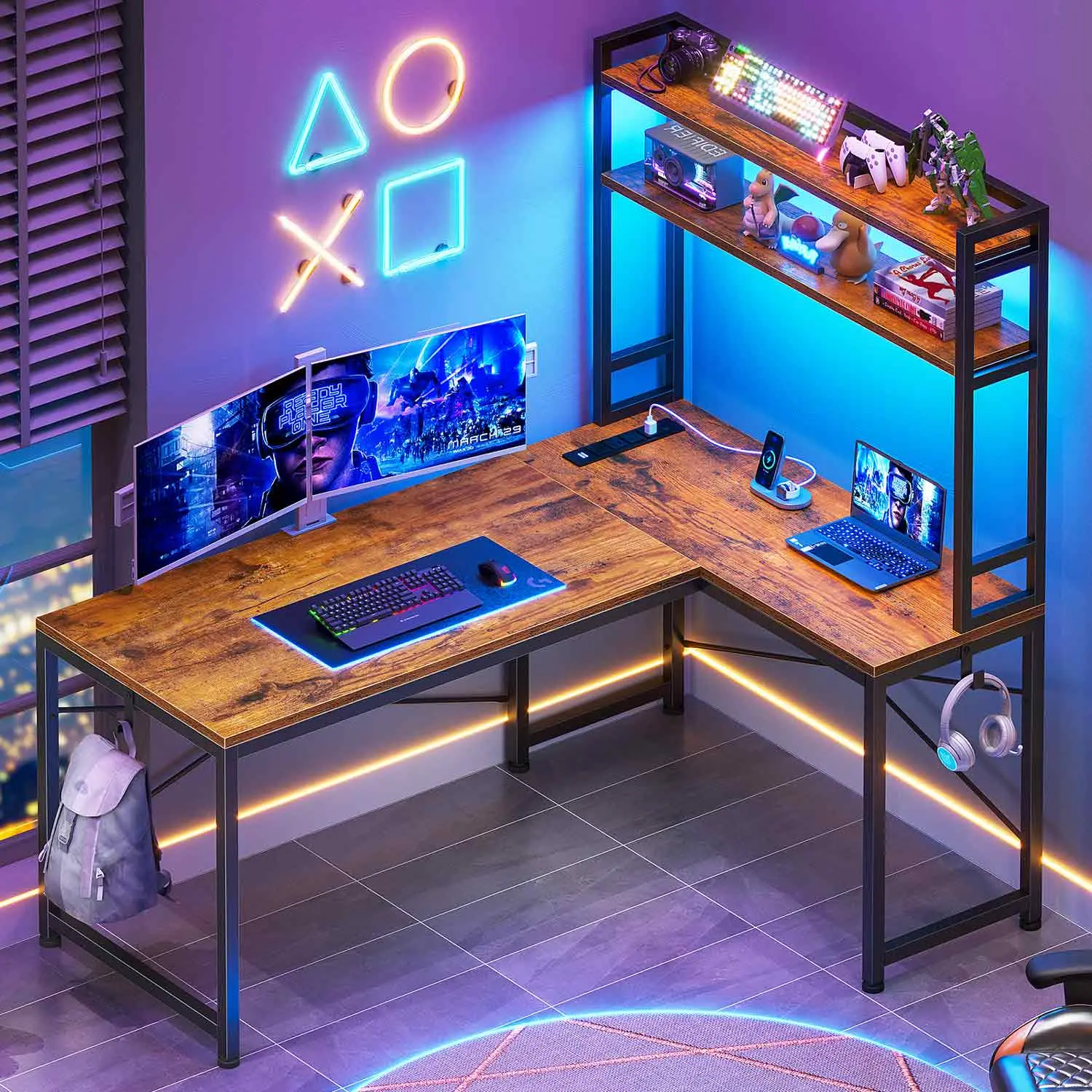Sedeta Sturdy L-Shaped Computer Desk, 45.3x18.5in Metal Frame Office Furniture with Hutch, Reversible Home Office Gaming Desk, Monitor Shelf, LED Lights, Power Outlet, Modern Wood Interior Design, Sturdy Desks, Compact Adjustable Desks