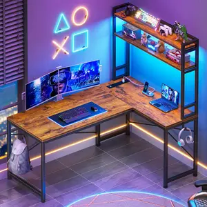 SEDETA L Shaped Desk with Hutch, 45.3” Reversible Home Office Desk, L Shaped Gaming Desk with LED Lights, Power Outlet Modern Design Interior Wood