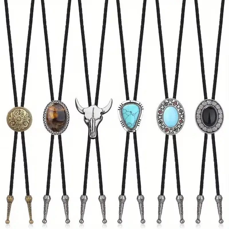 6pcs Handmade Vintage Bolo Ties for Men Western Cowboy Leather Necktie with Natural Tiger Eye Stone Costume Accessories for Men Women