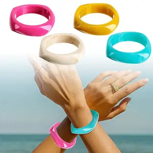 4 Pack Colorful Square Acrylic Resin Bangle Bracelet Irregular Geometric Wristbands Square Resin Bracelet Fashion Accessories