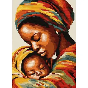 African Woman and Baby Latch Hook Rug Kit for Adults Easy Carpet Cushion with Printed Canvas Crochet Yarn Craft DIY Hooking Tapestry for Home Floor Decoration Pets Pads 52x38cm