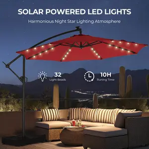 【with Base & Lights】10ft Offset Outdoor Patio Umbrella with Base & Solar Light, Easy Tilt & Crank, Adjustable UPF 50+ UV Protection for Garden, Backyard & Poolside
