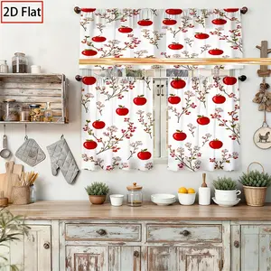 3pcs 2D Flat - 2D Flat - 2D Flat Red Apples and Berry Floral Kitchen Curtains |   Designed for Rod Pocket Hanging, Light-filtering Polyester, Modern Art Print, Multiple Sizes Available (Rod Not Included)
