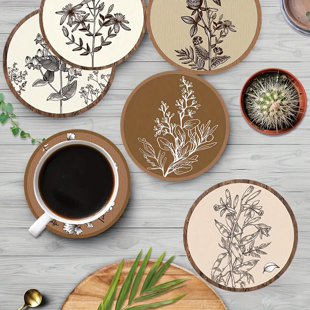 6-piece set of wooden coasters with plant silhouette patterns, Bohemian style retro insulated tray, suitable for home, kitchen decoration, perfect for Thanksgiving and Christmas gifts, Round Coaster, Decorative Coaster