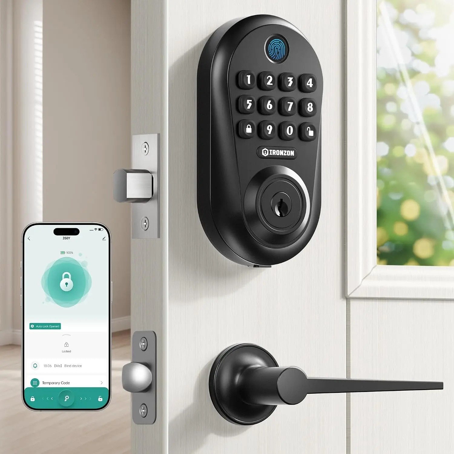 IRONZON 350YS 5-in-1 Keyless Entry Door Lock Smart Deadbolt with Handle | Smart Lock for Front Door, Auto-Lock Deadbolt with Handle Set, Remote Control via App Privacy-Focused Design, Easy Install