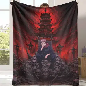 Dark Demon Pagoda Flannel Blanket Anime Fantasy Skull Throne Print Soft Cozy Lightweight Warm Decorative Throw Perfect for Sofa Bedroom Living Room Halloween Gift Lounge Decor