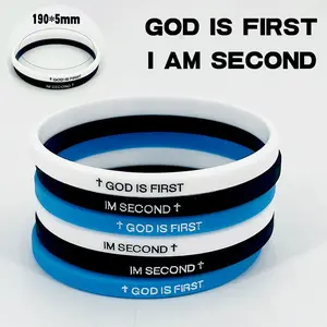 6pcs Men's Women's Silicone Bracelets - "God is First" & "I'm Second" Religious Bracelets with Cross Symbol, Black, White & Blue Casual Wristbands for Men and Women, Inspirational Accessories, Spiritual Accessories, Minimalist Design, Durable Wristbands