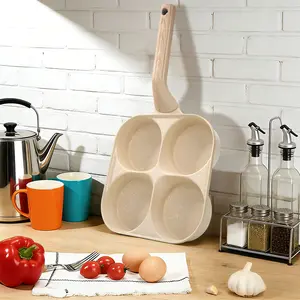 Non-Stick Egg Frying Pan, 4-Hole Skillet with Handle, Multifunctional Omelet Cookware, Wooden Handle Breakfast Pan for Eggs, Pancakes, and Hamburgers, Compact Kitchen Frying Pan 20 x 20 x 3.5 cm, 590 g, Beige/Black