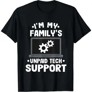 [Funny IT Tech T-Shirt] Funny IT Tech T-Shirt | "I'm My Family's Unpaid Tech" Slogan & Computer Bug Graphic | Black with White Print