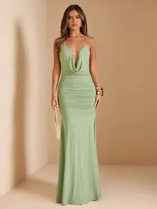 JADEE Spring Summer Womens Pure Green Spaghetti Strap Backless Skinny Mermaid Dress