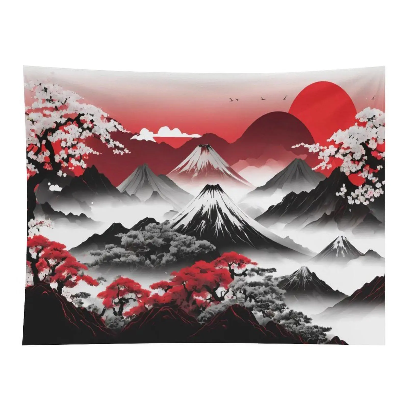 Red Sun Snow Mountain Cherry Blossom Ink Wash Landscape Oriental Scenery Wall Hanging Tapestry For Living Room Bedroom Zen Aesthetic Decor