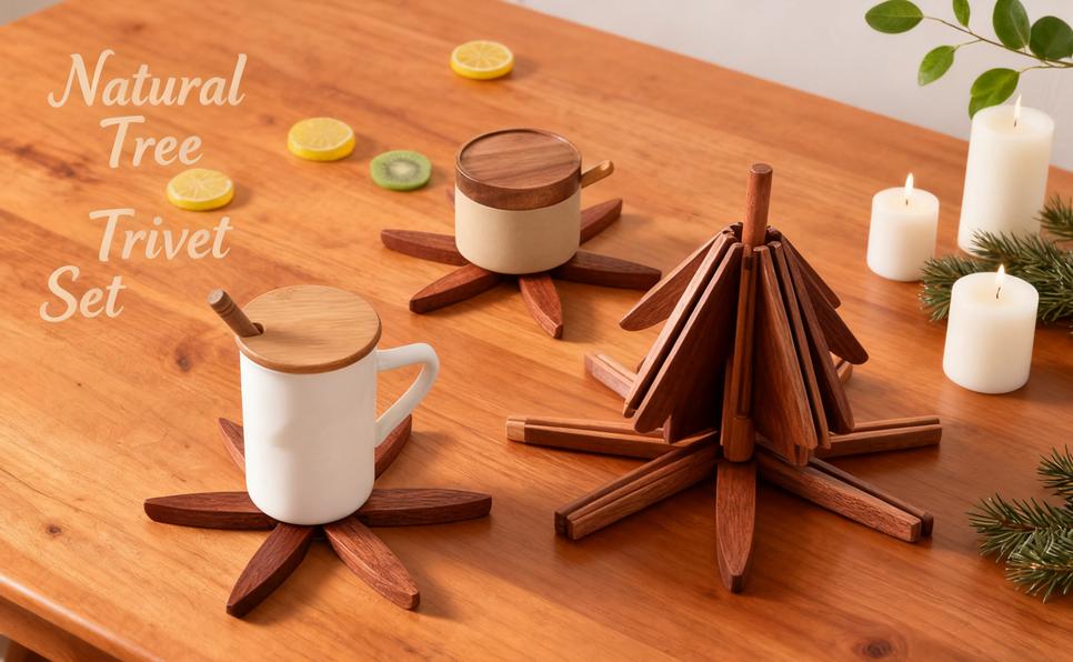 4Pcs Walnut Wood Tree Trivets with Stand Foldable Christmas Tree Design Heat Resistant Hot Pot Holders for Kitchen Dining Table Countertop Protection