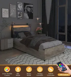 Twin Bed Frame with Storage Headboard and Charging Station, Twin Platform Bed with LED Lights, Solid and Stable, Noise Free, No Box Spring Needed, Easy Assembly