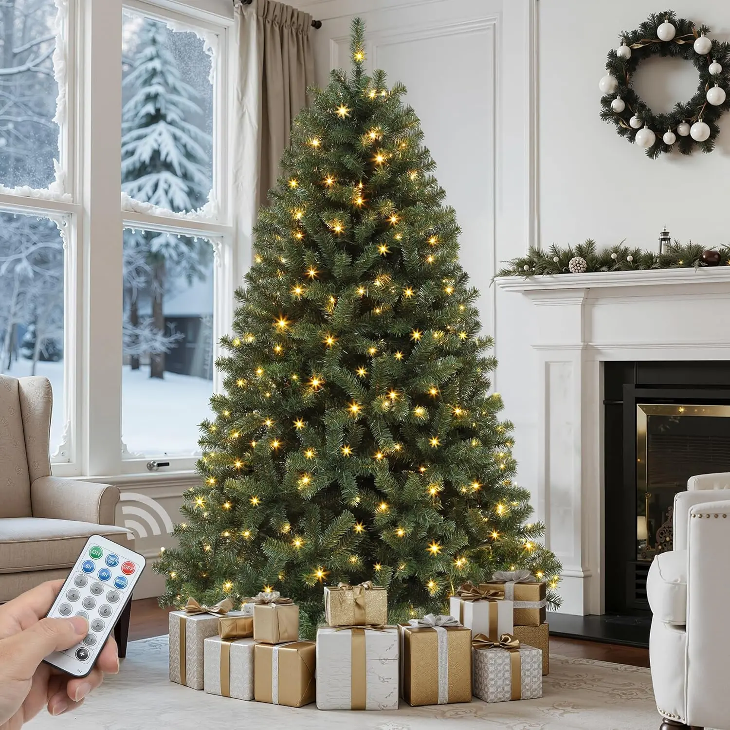 Yitahome 6/7.5 ft Prelit Green Christmas Tree with Remote & 11 Light-Modes Pre-Lit Green Artificial Hinged Spruce Christmas Tree for Home, Party Decoration