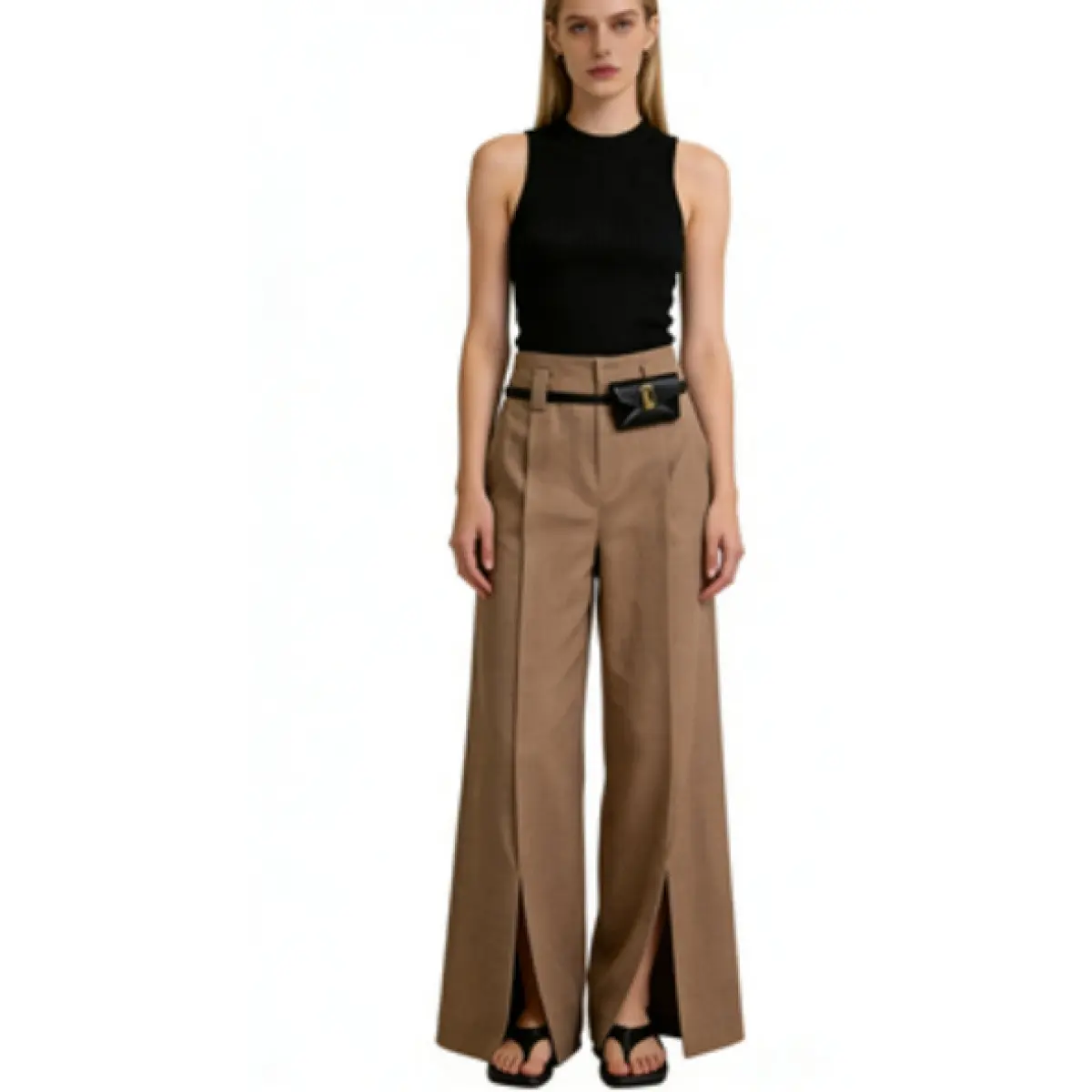 Beltless Waist Bag Plain-Colored Suit Trousers with Slits at The Front Legs 95% Polyester 5% Elastane Long Length Elegant Style reem pants wide leg sweatpants baggy pants leggings women Fabric Pants Womenswear Bottom Elastic Solid Woven Fit Minimalist