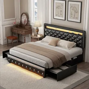 Torana Queen LED  Frame with 2 Storage Drawers, Adjustable Crystal Tufted Headboard,No Box Spring Needed, PU Leather & Velvet,Black/Black/Beige/Gray Bedroom Bedframe Bedroom Furniture