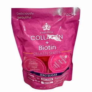 1x 5 cup Vital Glow zero sugar Collagen+Biotin Gelatin Shots,Raspberry delight net wt 5.6oz (160g)