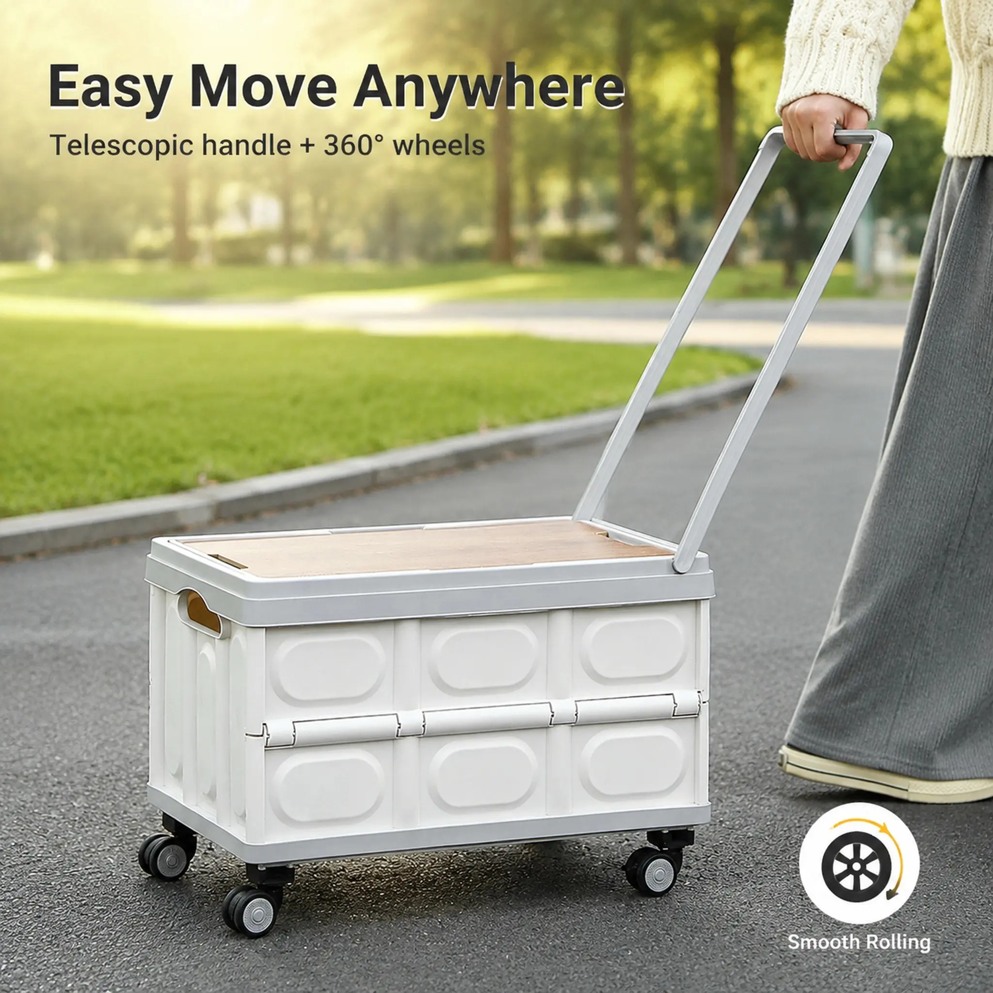 Collapsible Rolling Utility Cart with Telescopic Handle, Portable Storage Crate with 360° Wheels & Lid for Shopping, Camping, Car Trunk & Home