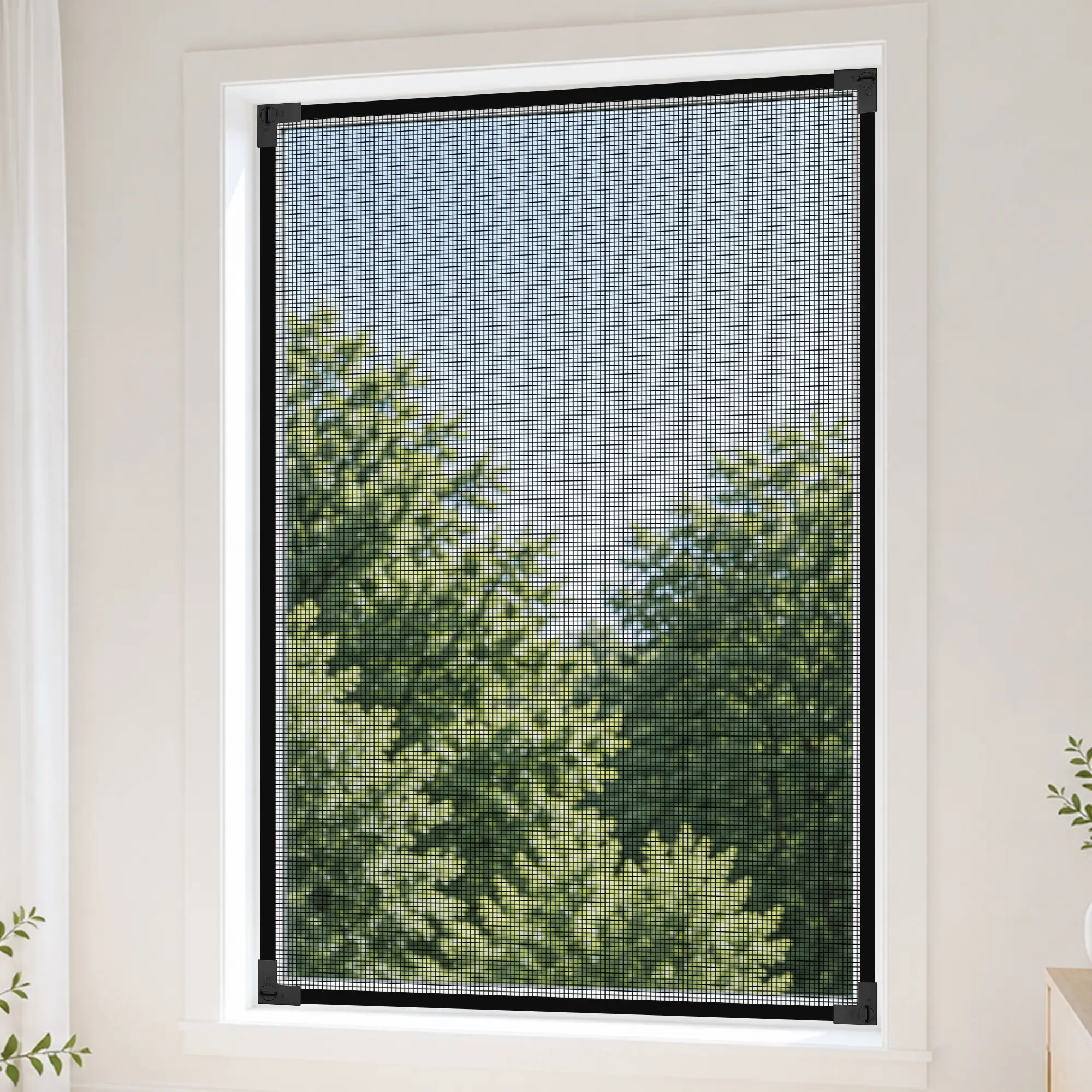 High-Density Stainless Steel Window Screen Mesh Bug Barrier, Renter-Friendly No-Drill Setup, Windproof, Easy-Install Secure Corner Locks, Quick-Peel Access, Easy-to-Clean Removable Home Window Hardware
