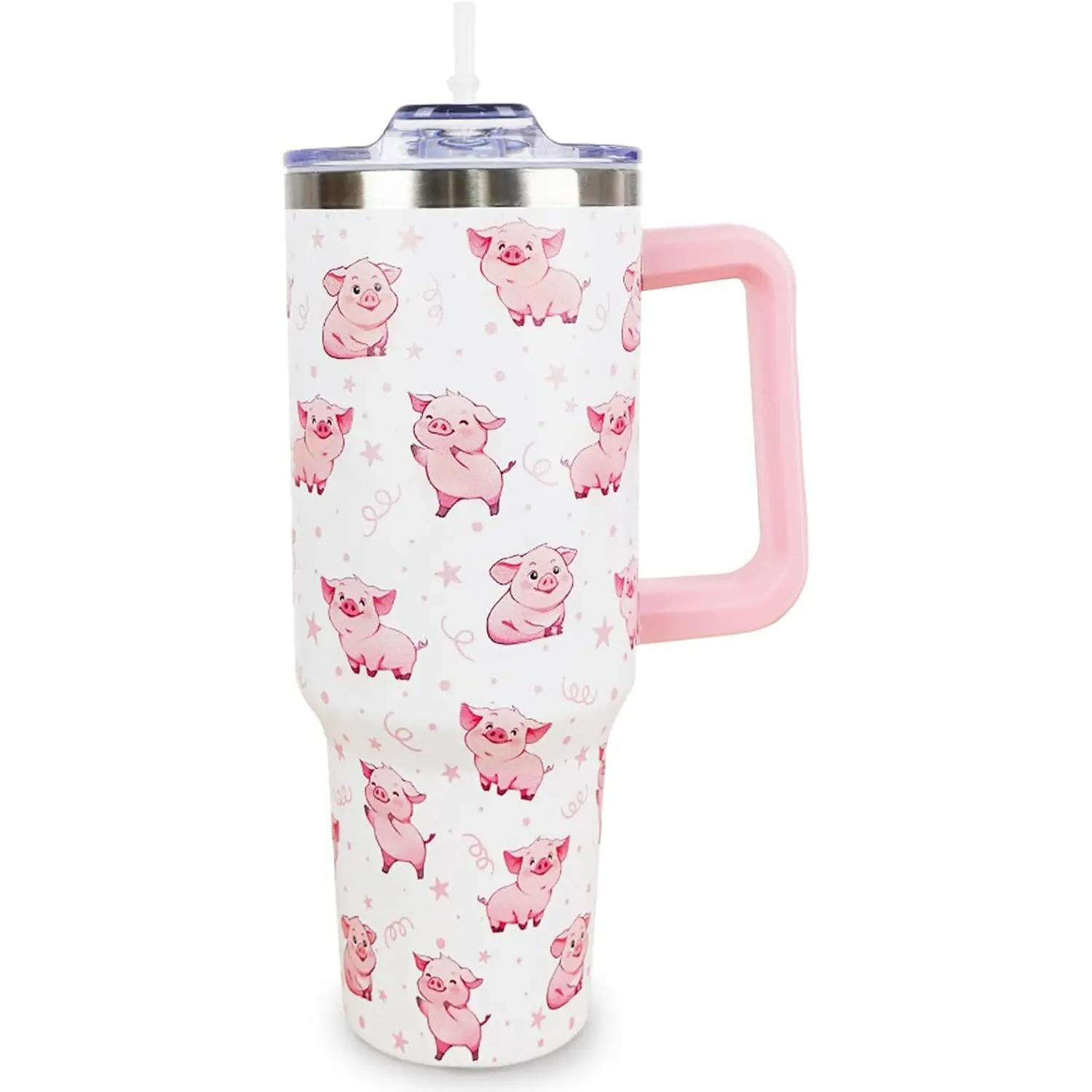 40 Oz Portable Anti-Leak Stainless Steel Vacuum Flask - Pink Pig Reusable Insulated Drink Bottle with Plastic Lid, Handle, Straw - Tumbler, Coffee Mug, Cute Kitchenware - Unique Gift for Pig Lovers - Indoor, Travel Use