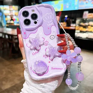 Transparent Cream Shell Case, Ocean Life Design, Shockproof Phone Cover for iPhone Models 6-16 Pro Max, Stylish Lanyard Included
