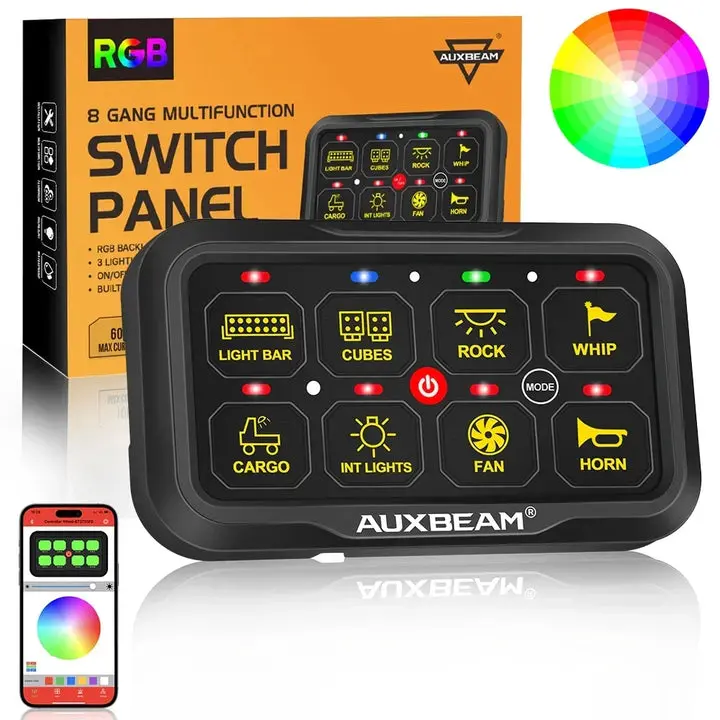 AR Series 8-Gang (AR-820) RGB Smart Switch Panel with APP Control, Toggle/Momentary/Pulsed Modes, 2-Sided Outlet