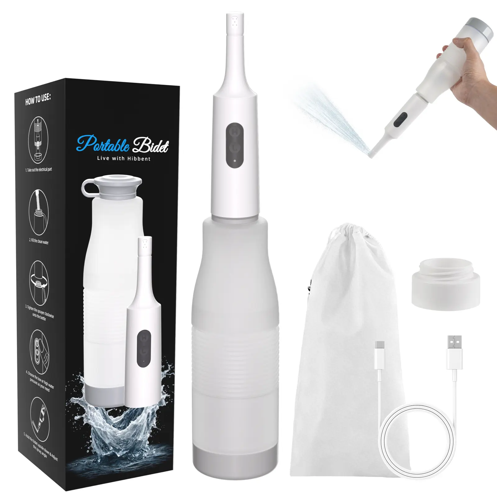 Hibbent Portable Bidet for Travel, High Pressure Electric Handheld Bidet Sprayer, 350-550ML Expandable Bottle for Personal Hygiene, USB-C Rechargeable Waterproof, Travel Bidet for Women & Men, White