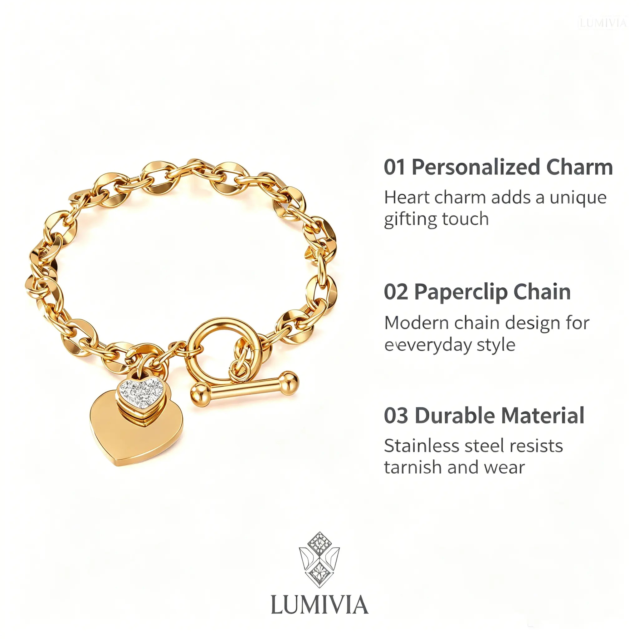 Women's 304 Stainless Steel Tig-Welded Bracelet - Sparkling Heart Charm, Personalized Paperclip Chain, Toggle Clasp - Personalized Gifts, Arm Candy Accessories, Bracelet Stacking, Accessory Goals, 304 Stainless Steel Tig-Welded Bracelets & Bangles