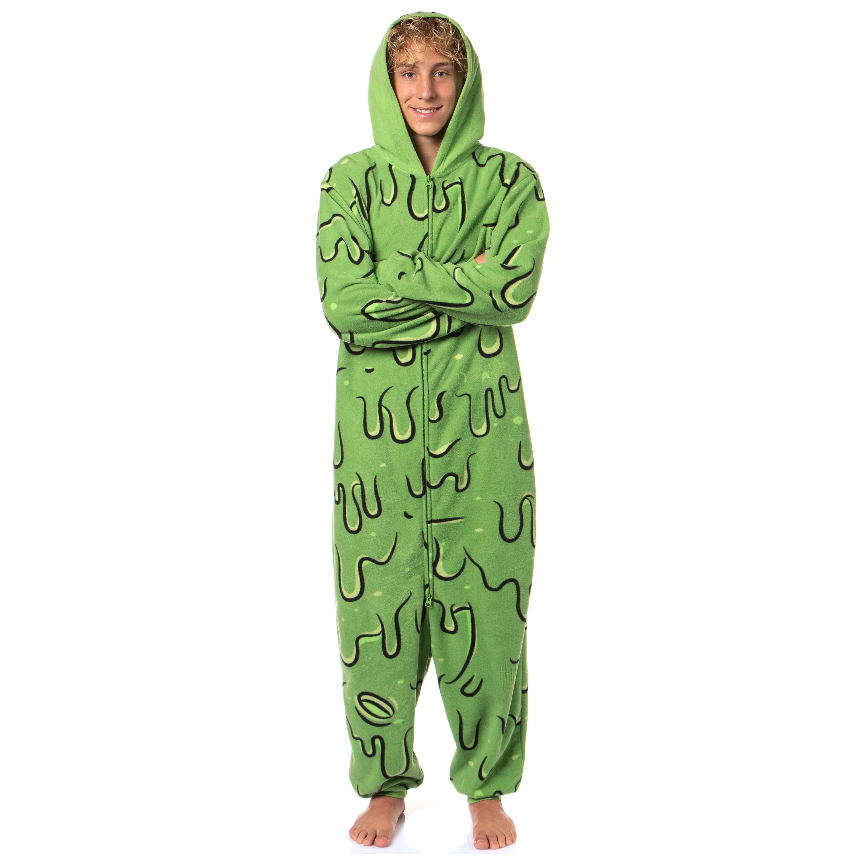Slimer Union Suit Adult Ghostbusters Hooded Fleece Costume One Piece Pajama For Men Women (Slimer, 2X-Large/3X-Large)