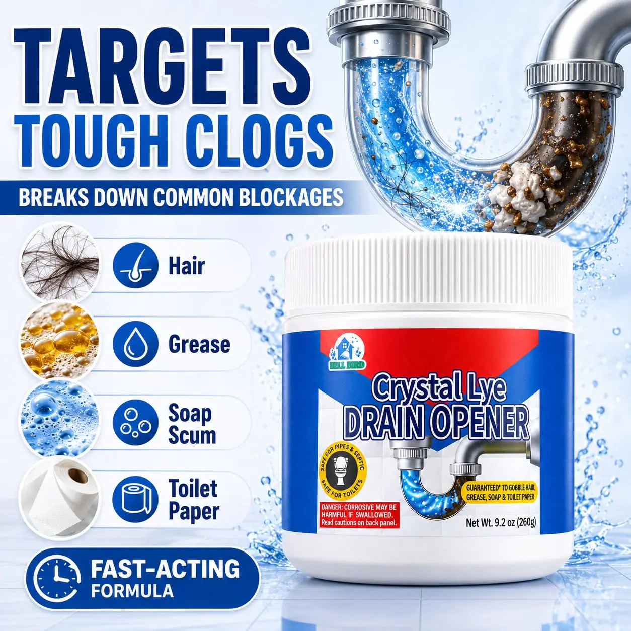 Bell Bird Drain Clog Remover 260g – Extra Strength Hair, Grease & Food Residue Dissolver | Fast-Acting & Septic Safe Cleaner for Kitchen Sink, Shower, Drain & Toilet
