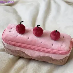 Cute Cherry Cake Plush Pencil Case Pink Large Capacity Stationery Bag Portable Zipper Pen Pouch Aesthetic School Supplies Organizer for Girls Teens College Students Back to School Gift